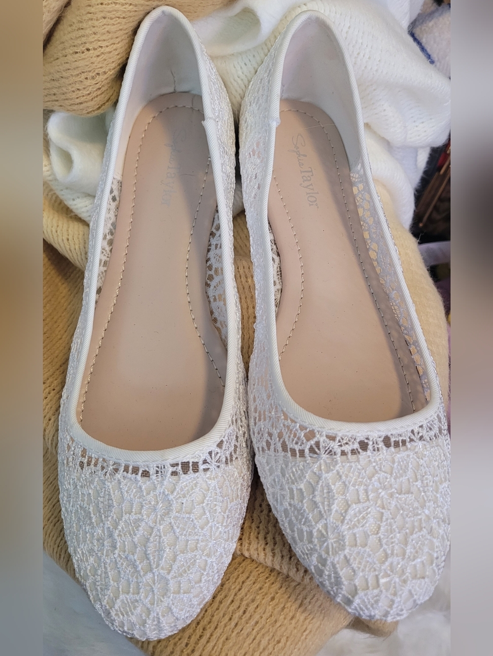 Sophia Taylor Winter White Lace Pointed Ballet Flats